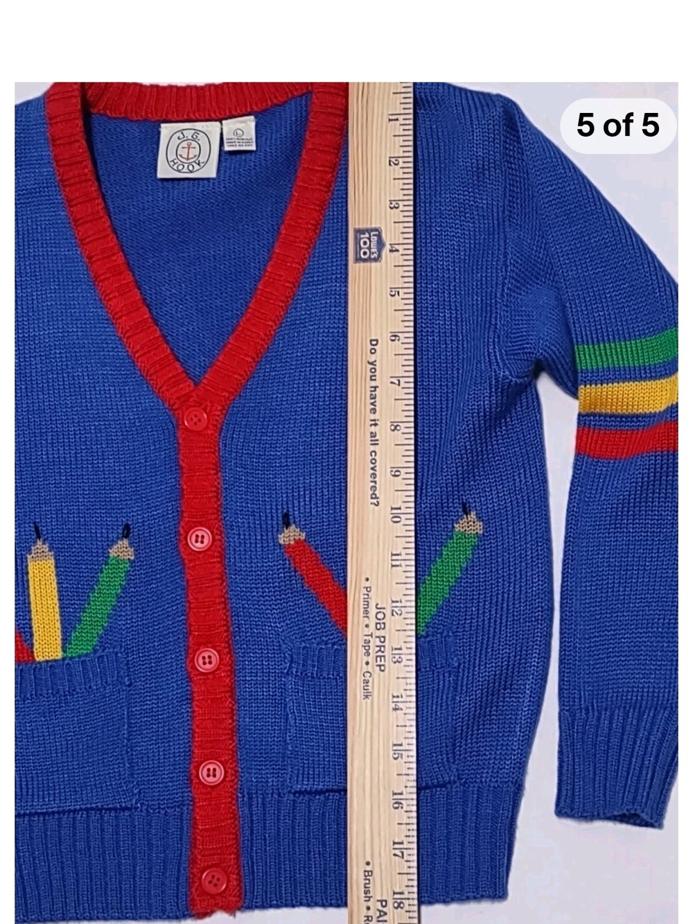 Vtg J G Hook Blue Knit Cardigan with Rainbow Pencil School Motif Large Kids - Picture 5 of 5